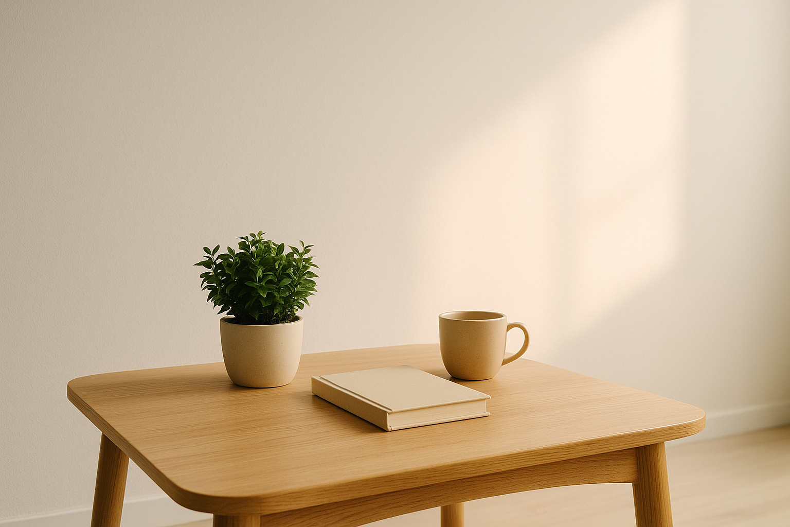 Góc sinh hoạt tối giản với ánh sáng ấm và cây xanh nhỏ